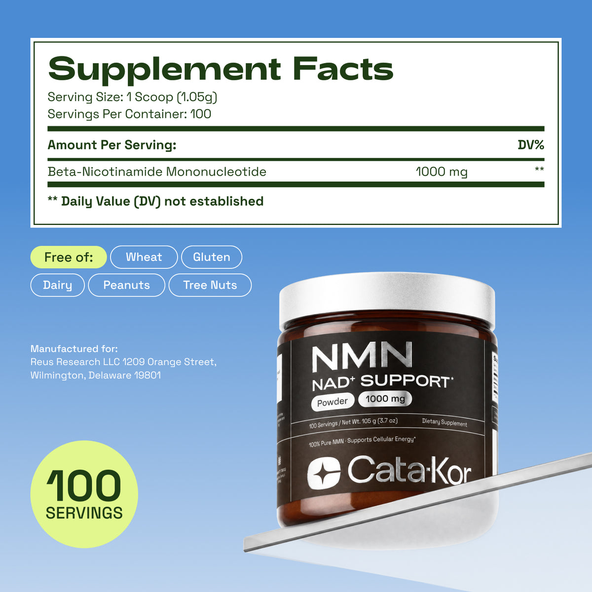 Cata-Kor NMN Supplement Powder 1000 mg - Pure NMN Powder 100 Servings